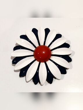 Vintage Enameled Metal Large Daisy Flower Brooch - Navy, White & Red